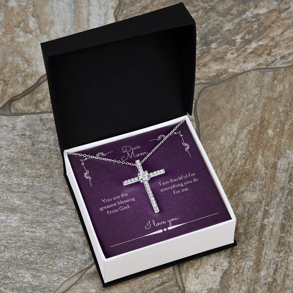 Dear Mom Blessing From God CZ Cross Necklace 14k White Gold Dipped