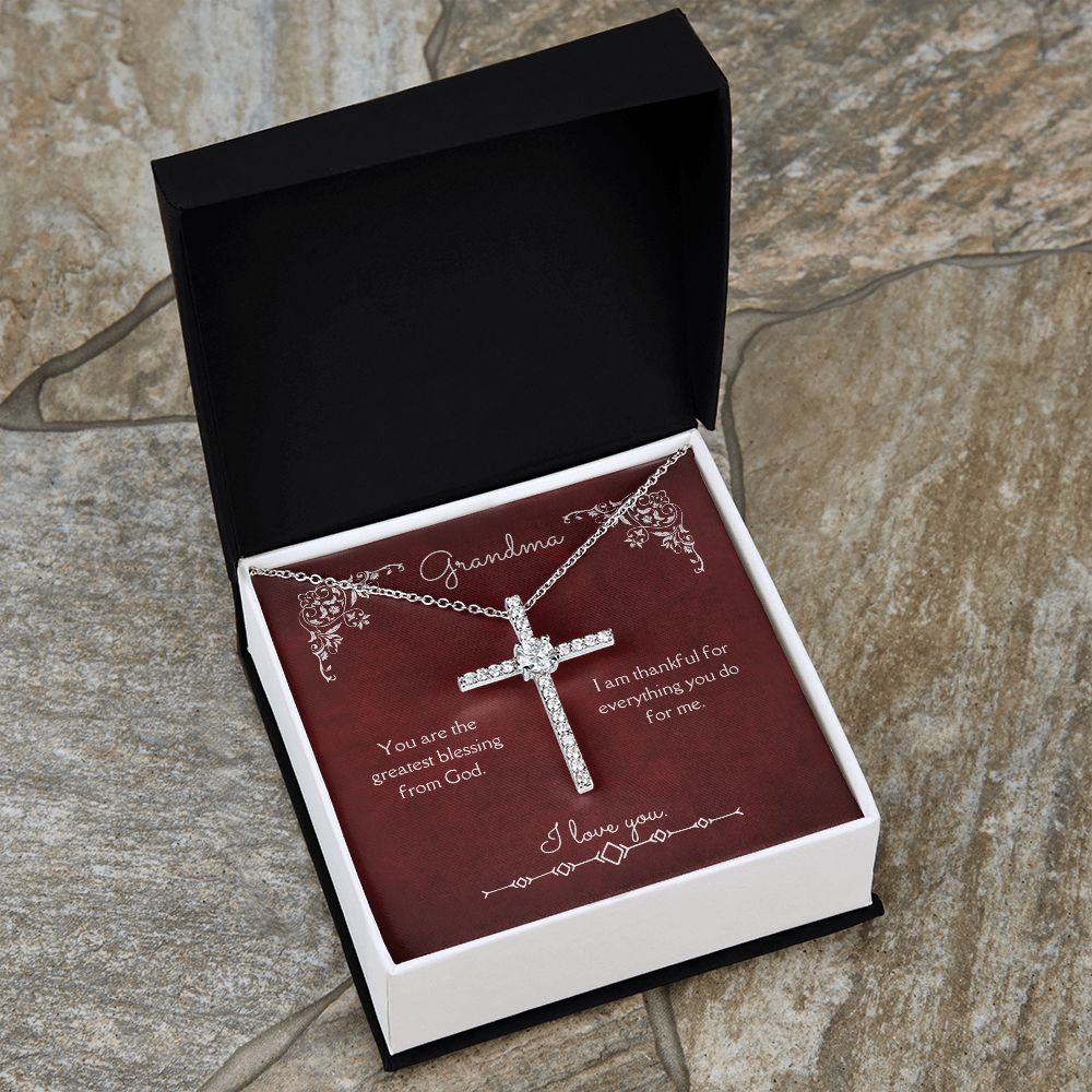 Grandma Blessing from God CZ Cross Necklace 14k White Gold Dipped