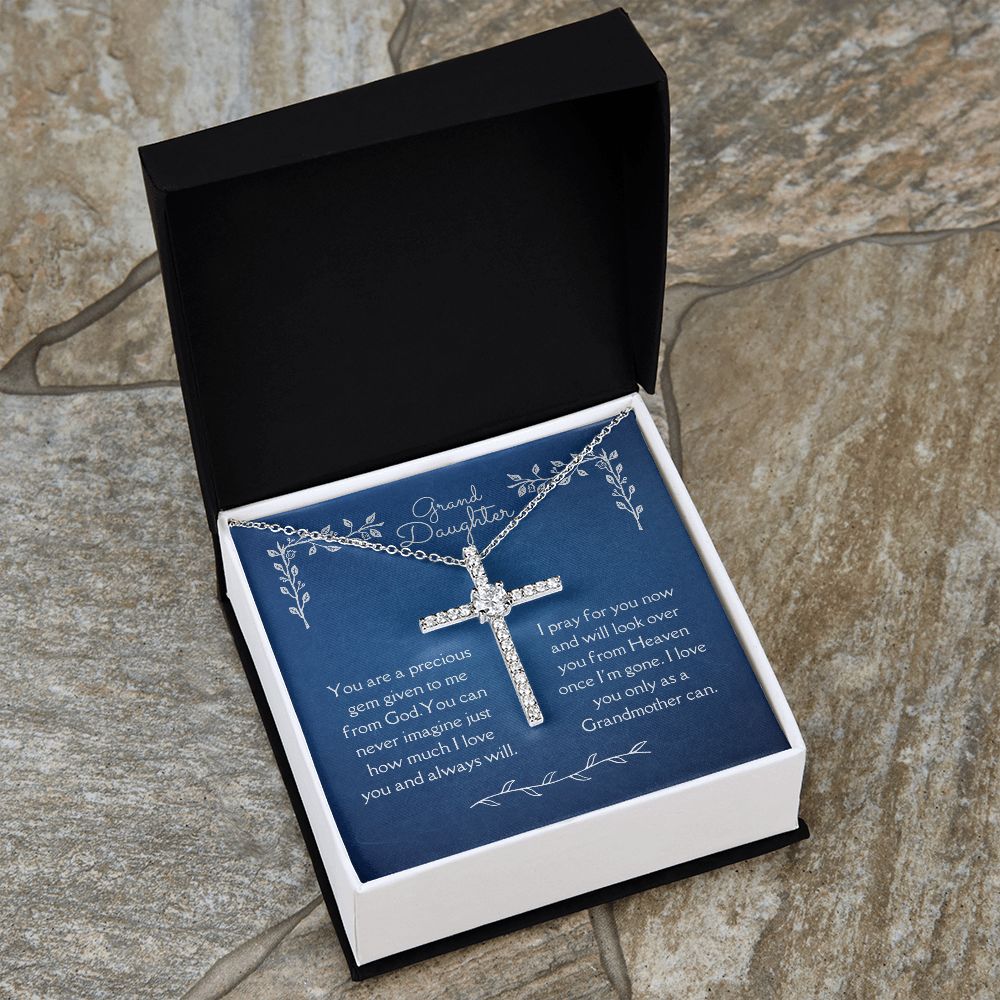 Grand Daughter Blessing From God CZ Cross Necklace 14k White Gold Dipped