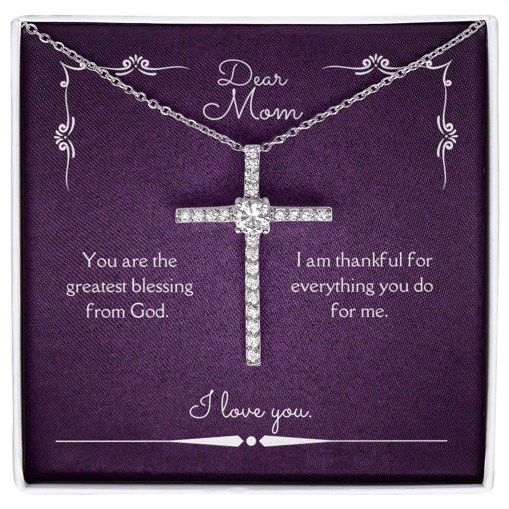 Dear Mom Blessing From God CZ Cross Necklace 14k White Gold Dipped