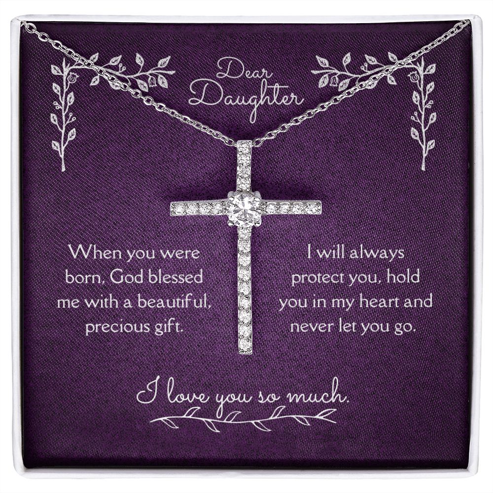 Dear Daughter Blessing From God CZ Cross Necklace 14k White Gold Dipped