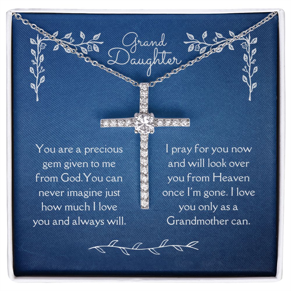 Grand Daughter Blessing From God CZ Cross Necklace 14k White Gold Dipped