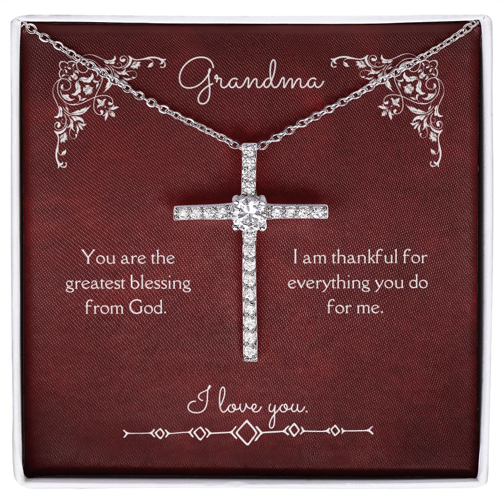 Grandma Blessing from God CZ Cross Necklace 14k White Gold Dipped