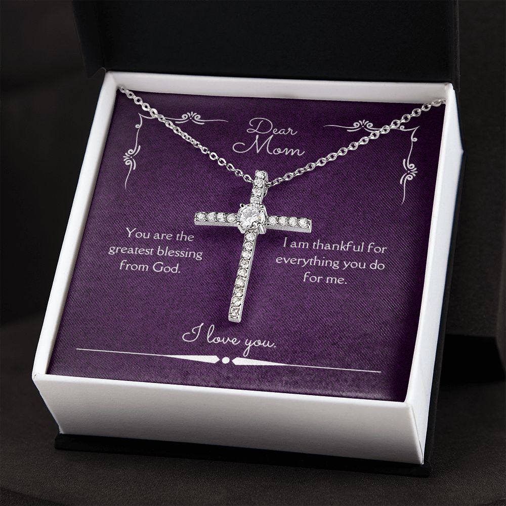 Dear Mom Blessing From God CZ Cross Necklace 14k White Gold Dipped