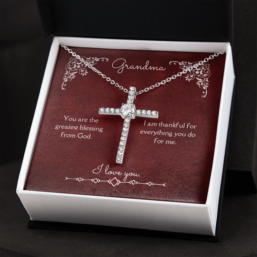 Grandma Blessing from God CZ Cross Necklace 14k White Gold Dipped