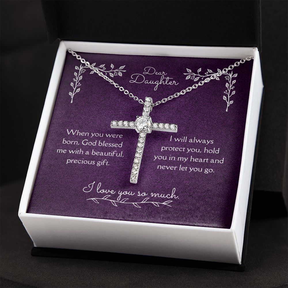 Dear Daughter Blessing From God CZ Cross Necklace 14k White Gold Dipped