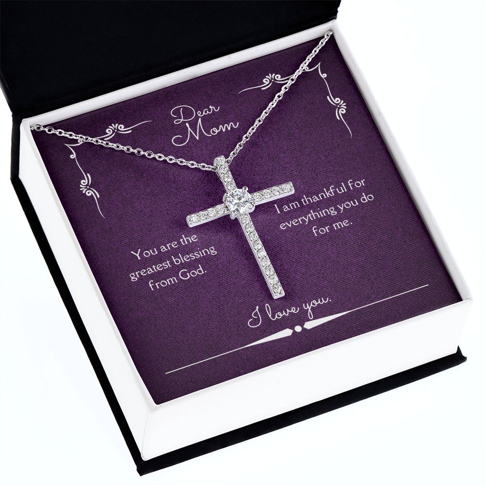 Dear Mom Blessing From God CZ Cross Necklace 14k White Gold Dipped