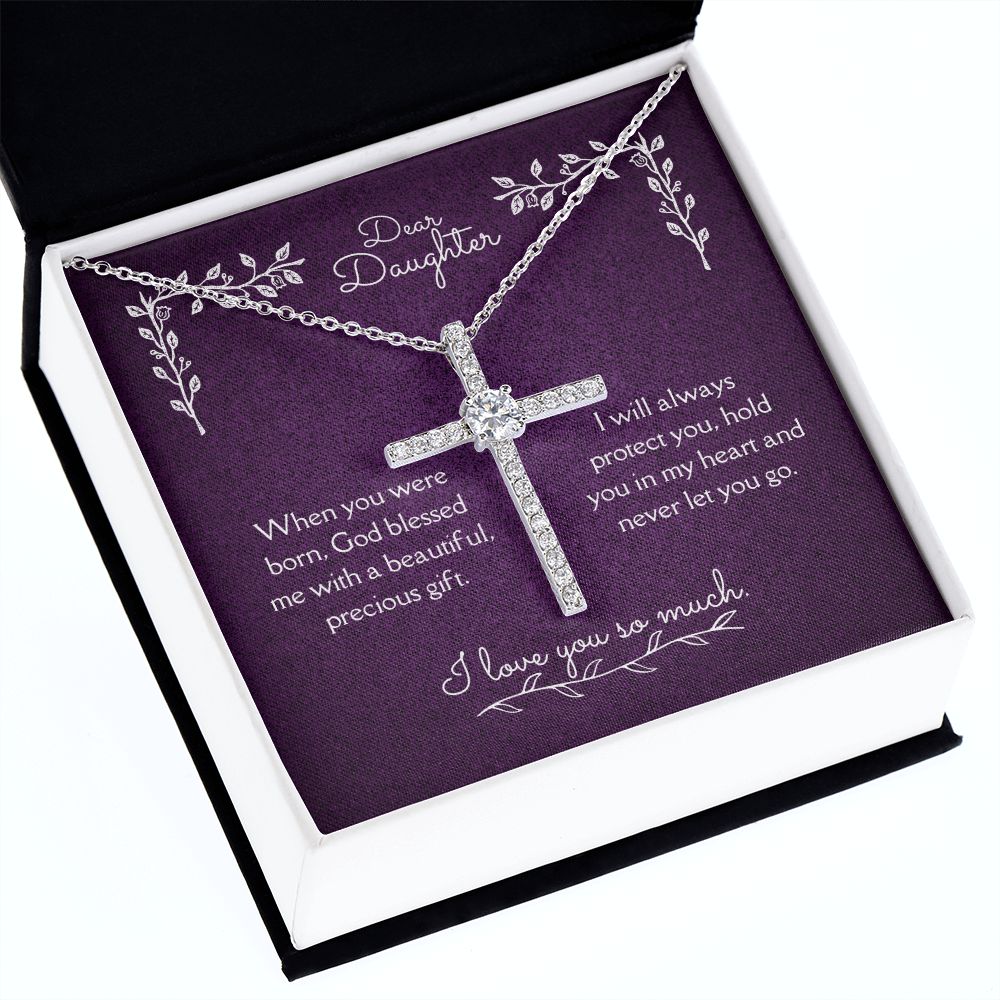 Dear Daughter Blessing From God CZ Cross Necklace 14k White Gold Dipped