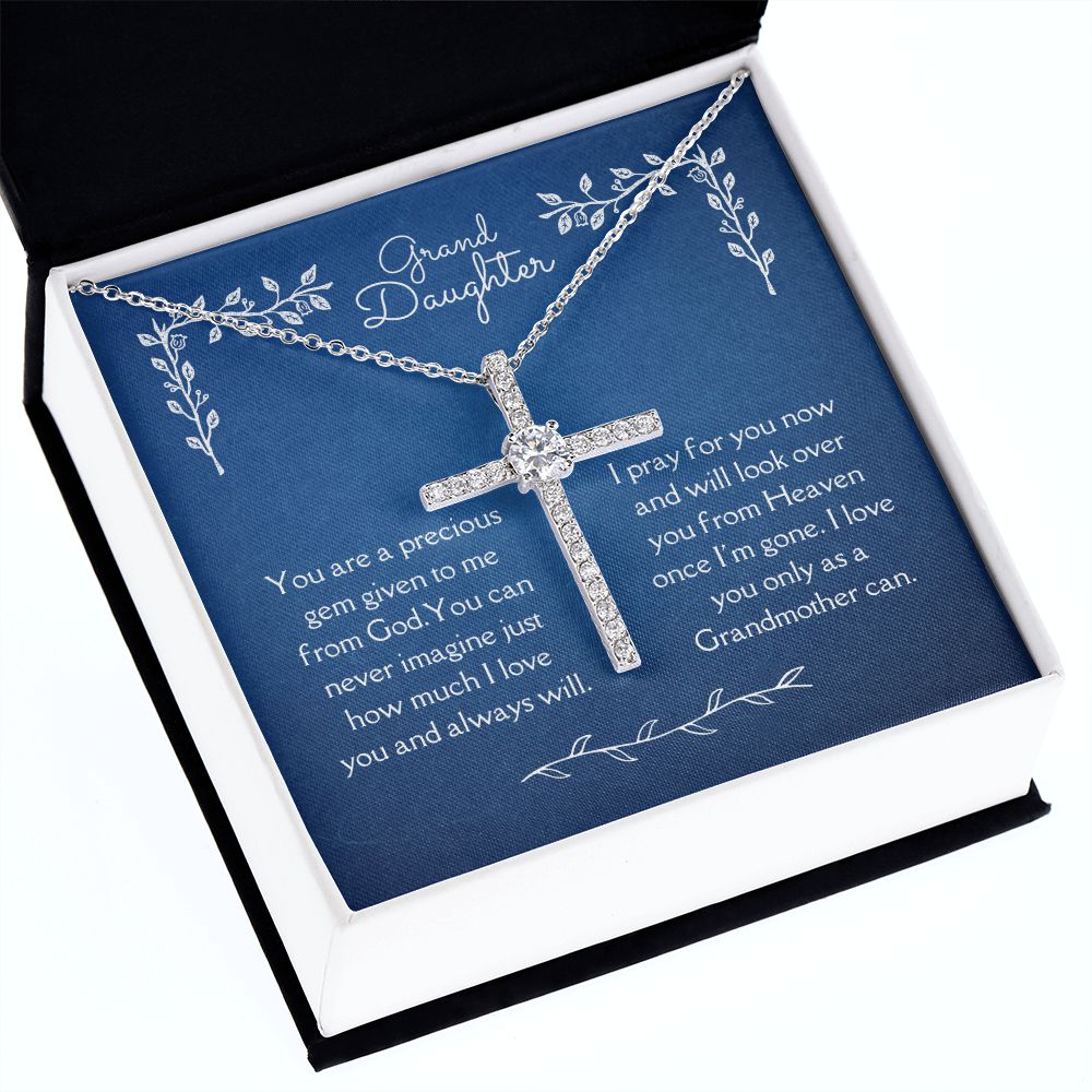 Grand Daughter Blessing From God CZ Cross Necklace 14k White Gold Dipped