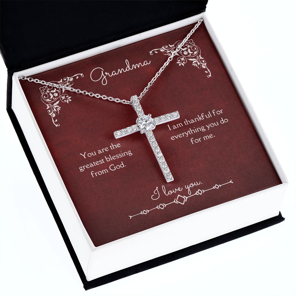 Grandma Blessing from God CZ Cross Necklace 14k White Gold Dipped