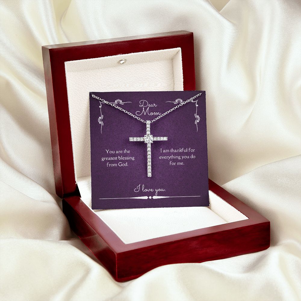 Dear Mom Blessing From God CZ Cross Necklace 14k White Gold Dipped