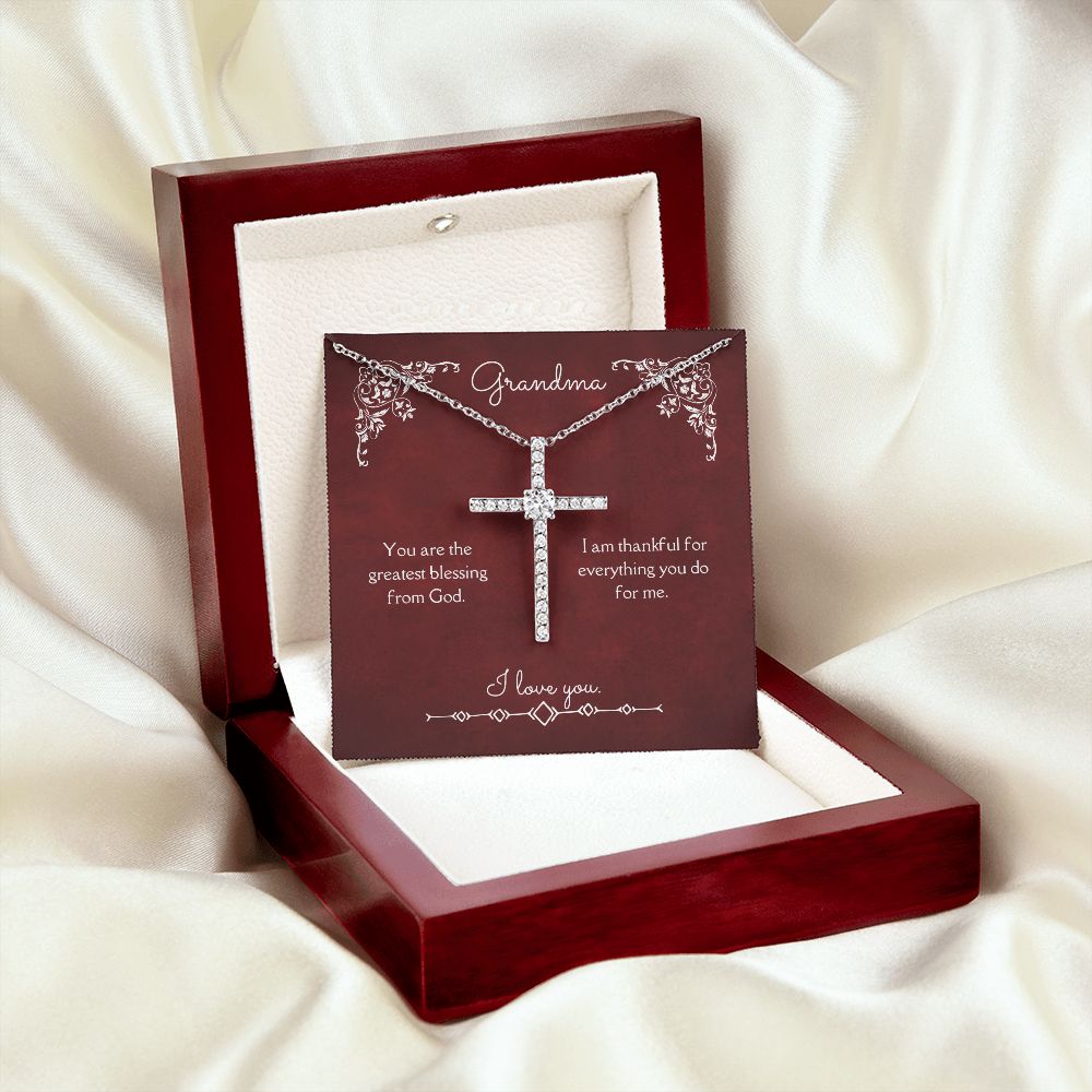 Grandma Blessing from God CZ Cross Necklace 14k White Gold Dipped