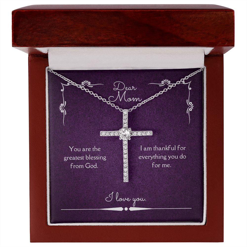 Dear Mom Blessing From God CZ Cross Necklace 14k White Gold Dipped