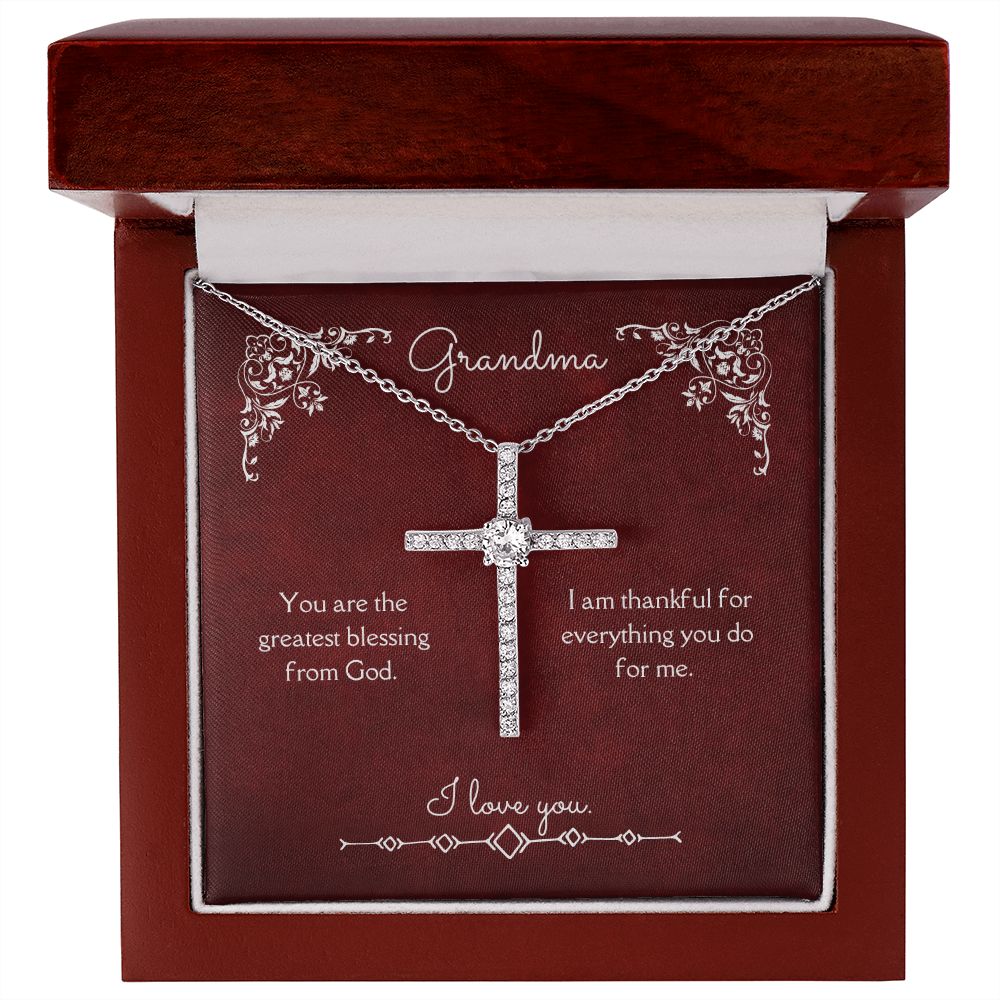 Grandma Blessing from God CZ Cross Necklace 14k White Gold Dipped