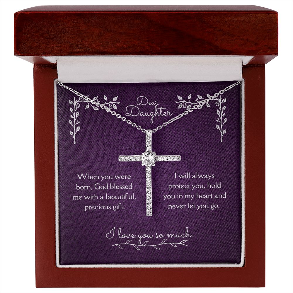 Dear Daughter Blessing From God CZ Cross Necklace 14k White Gold Dipped