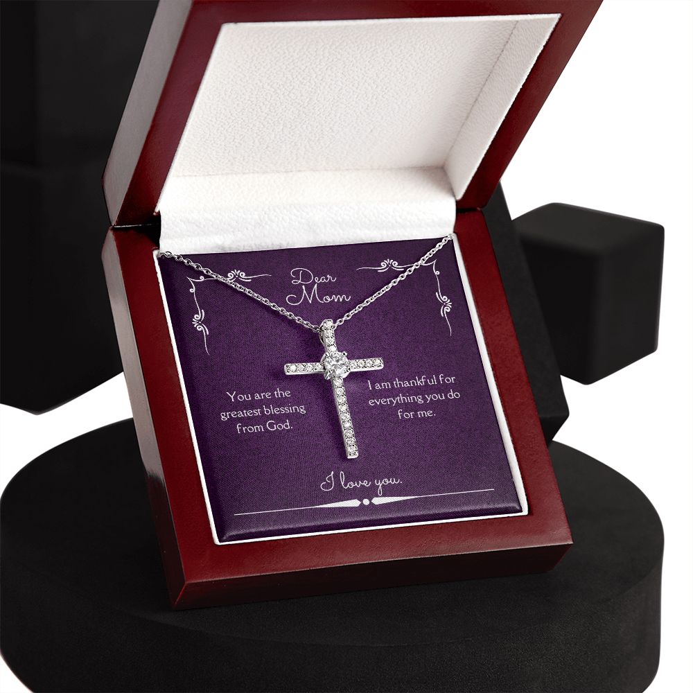 Dear Mom Blessing From God CZ Cross Necklace 14k White Gold Dipped