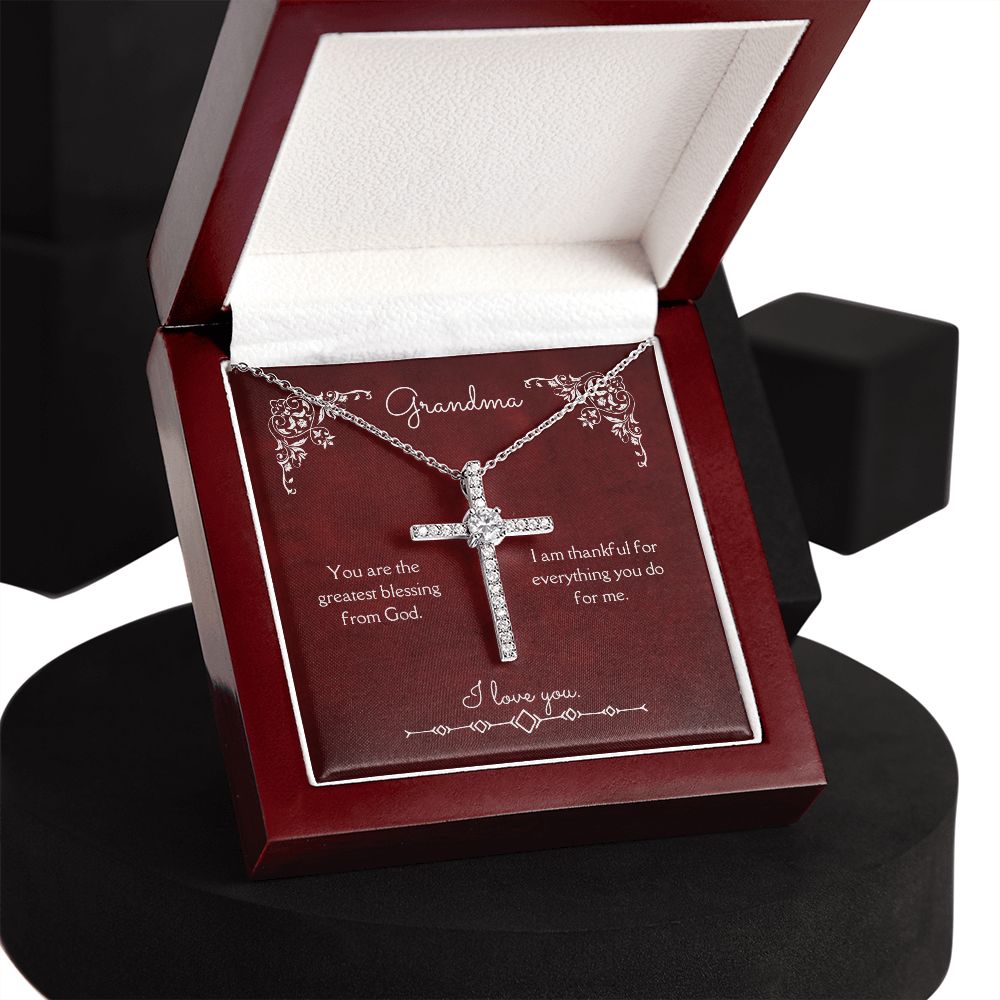 Grandma Blessing from God CZ Cross Necklace 14k White Gold Dipped