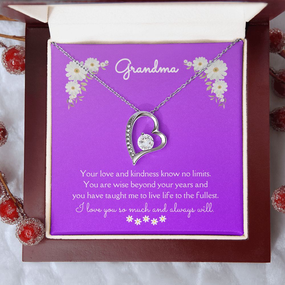 Grandma Love and Kindness Forever Necklace 14k White Gold or 18k Yellow Gold Finishes, purple daisy