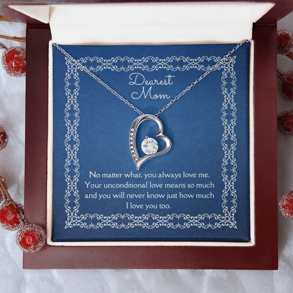Dearest Mom Forever Love Necklace 14k White Gold or 18k Yellow Gold Finishes, blue card