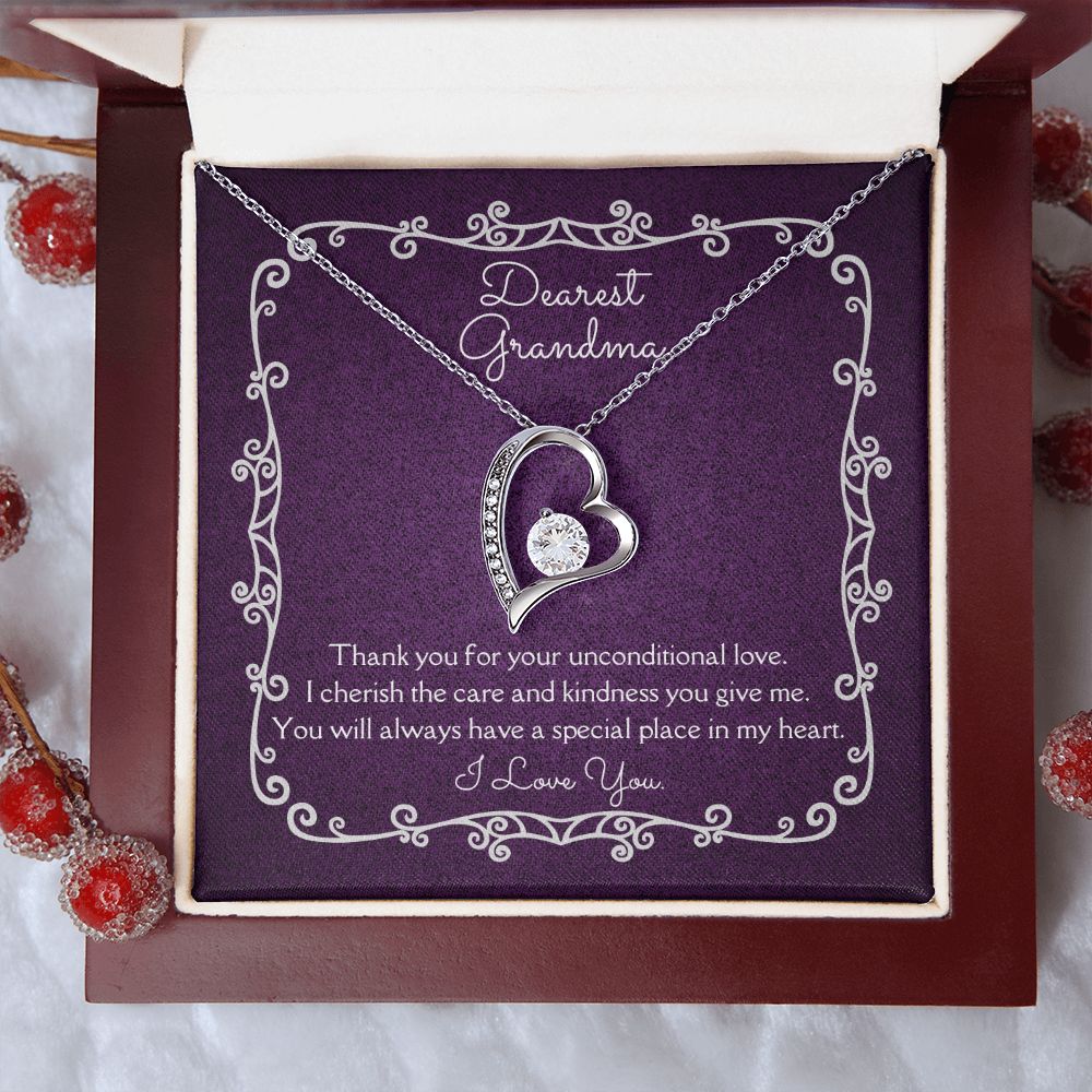 Dearest Grandma Unconditional Love Necklace 14k White Gold or 18k Yellow Gold Finishes, purple card