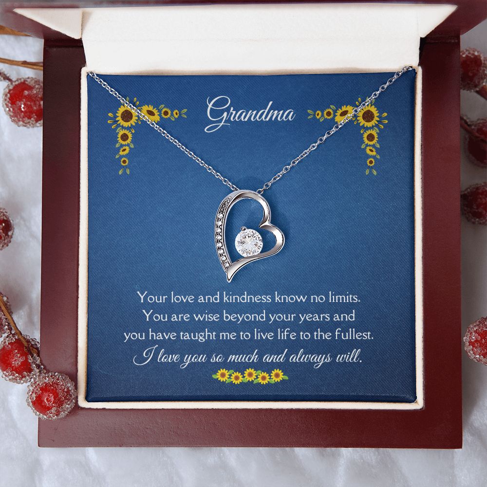 Grandma Love and Kindness Forever Necklace 14k White Gold or 18k Yellow Gold Finishes, blue sunflower