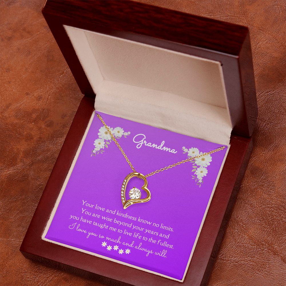 Grandma Love and Kindness Forever Necklace 14k White Gold or 18k Yellow Gold Finishes, purple daisy