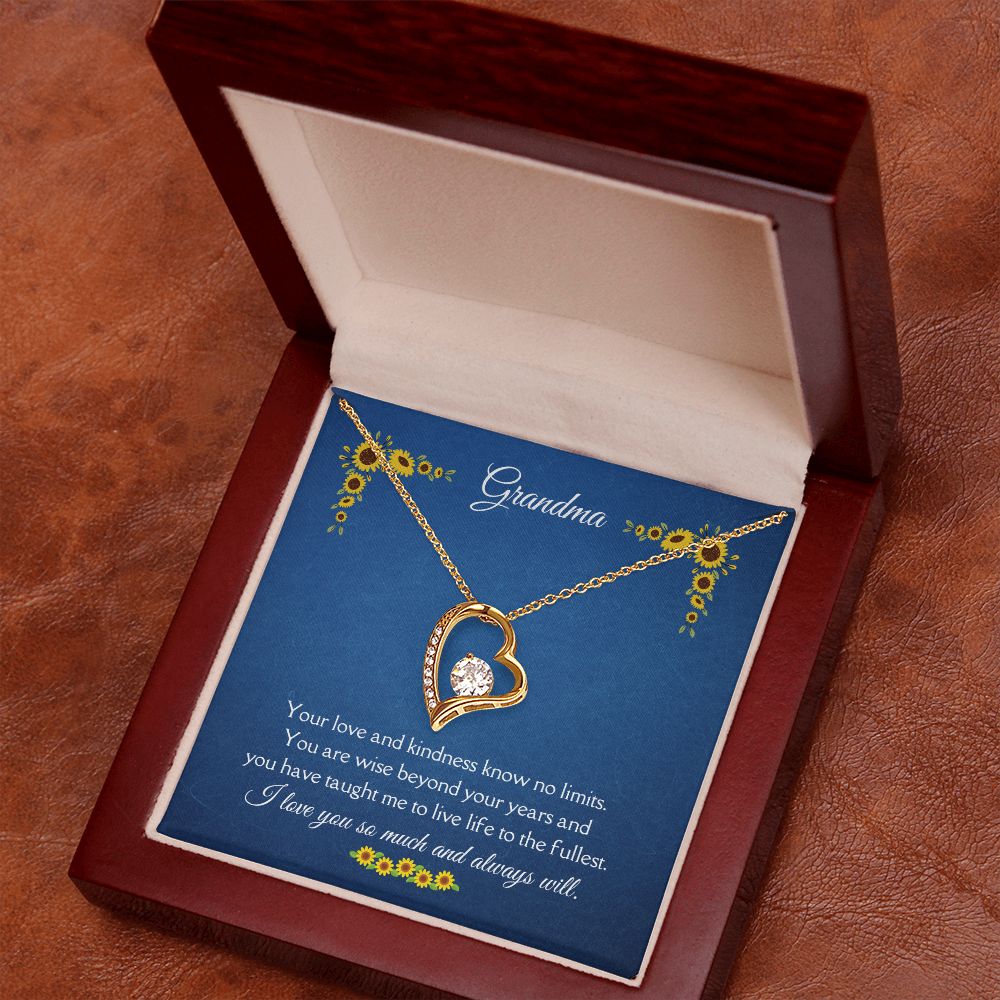 Grandma Love and Kindness Forever Necklace 14k White Gold or 18k Yellow Gold Finishes, blue sunflower