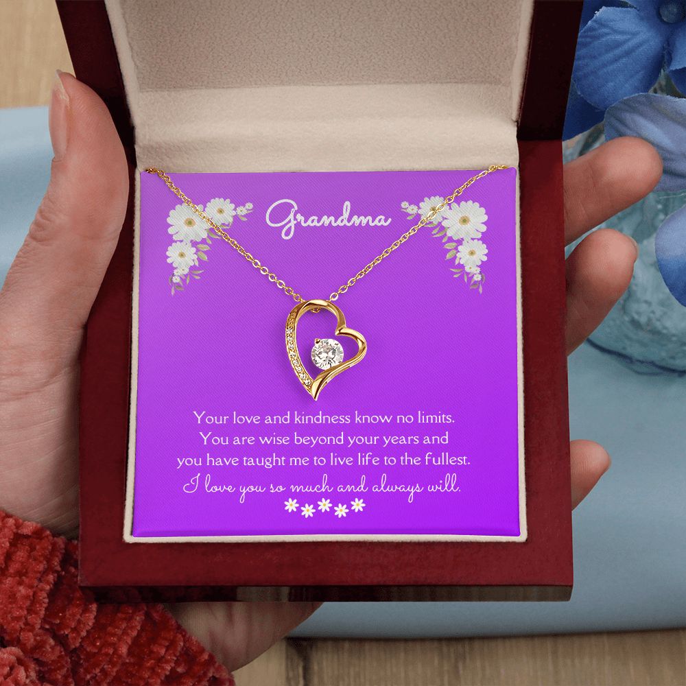 Grandma Love and Kindness Forever Necklace 14k White Gold or 18k Yellow Gold Finishes, purple daisy