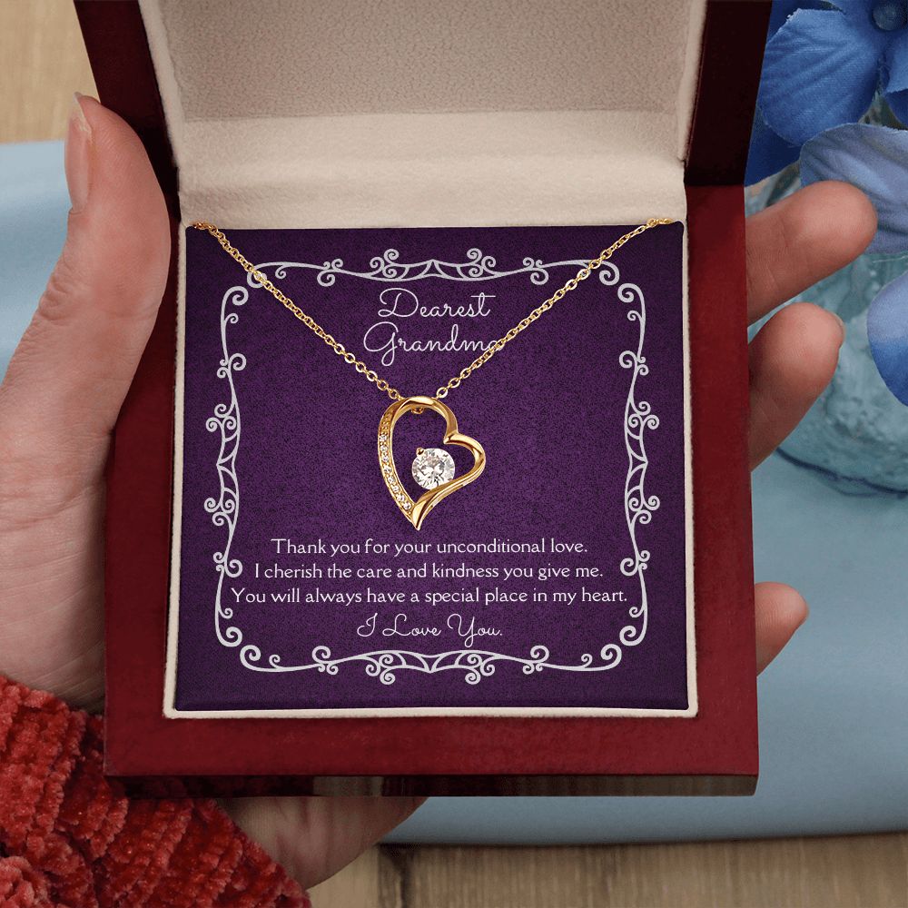 Dearest Grandma Unconditional Love Necklace 14k White Gold or 18k Yellow Gold Finishes, purple card