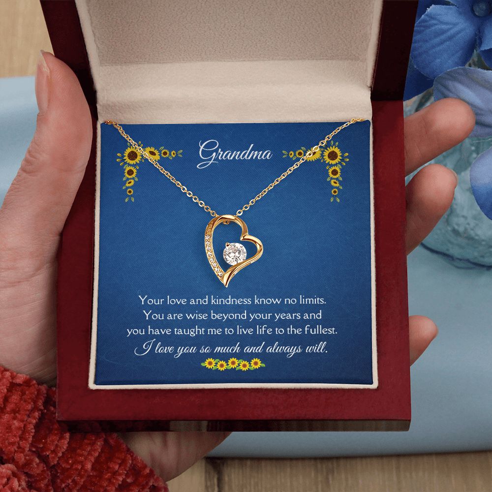 Grandma Love and Kindness Forever Necklace 14k White Gold or 18k Yellow Gold Finishes, blue sunflower