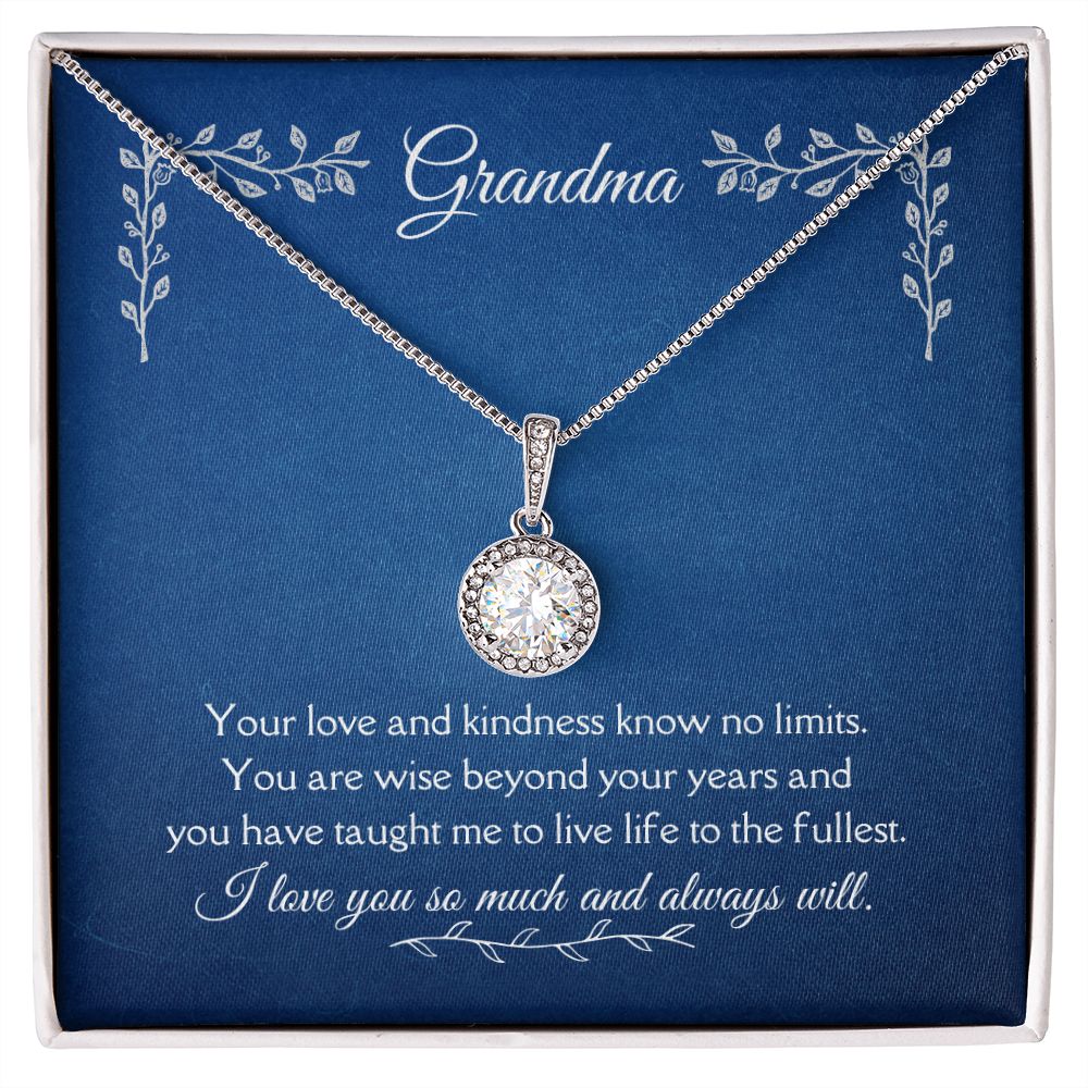 Grandma Love and Kindness Eternal Hope Necklace 14k White Gold Finish, blue card