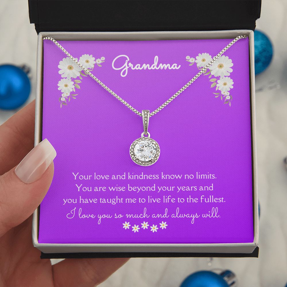 Grandma Love and Kindness Eternal Hope Necklace 14k White Gold Finish, purple daisy