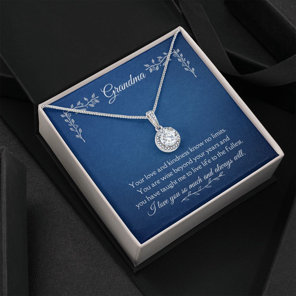 Grandma Love and Kindness Eternal Hope Necklace 14k White Gold Finish, blue card