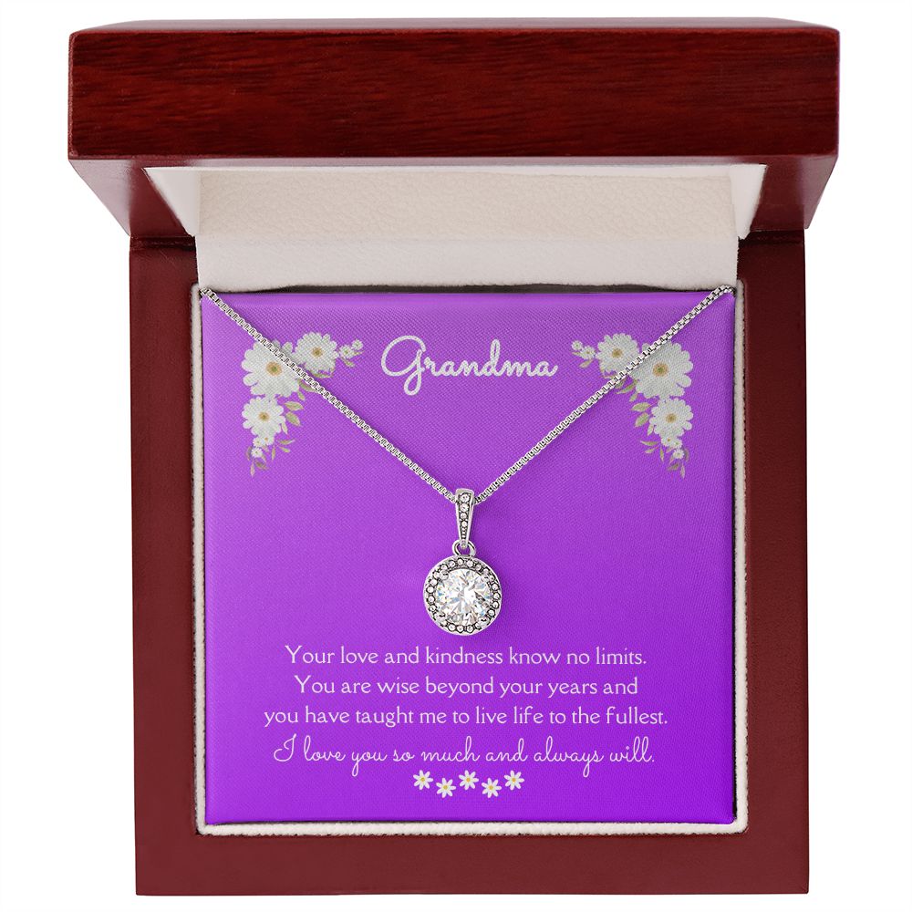 Grandma Love and Kindness Eternal Hope Necklace 14k White Gold Finish, purple daisy