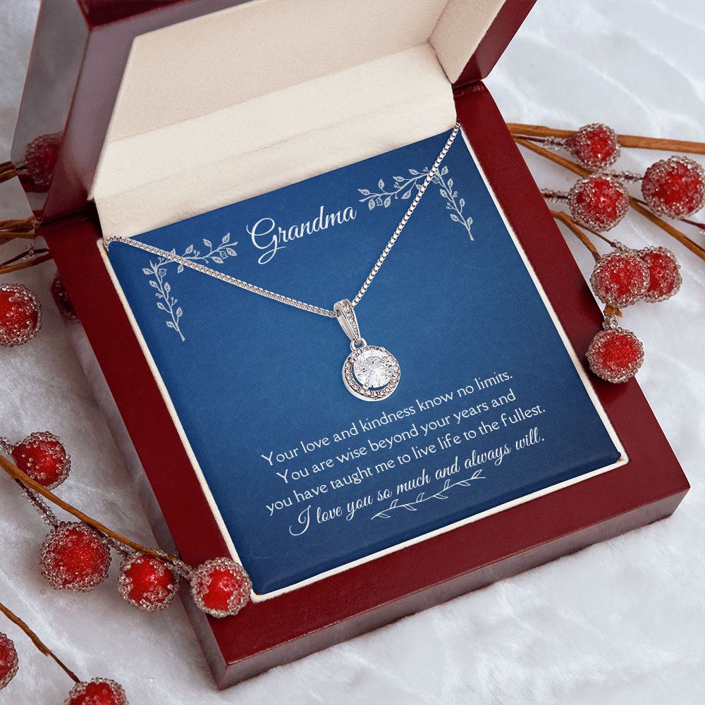 Grandma Love and Kindness Eternal Hope Necklace 14k White Gold Finish, blue card