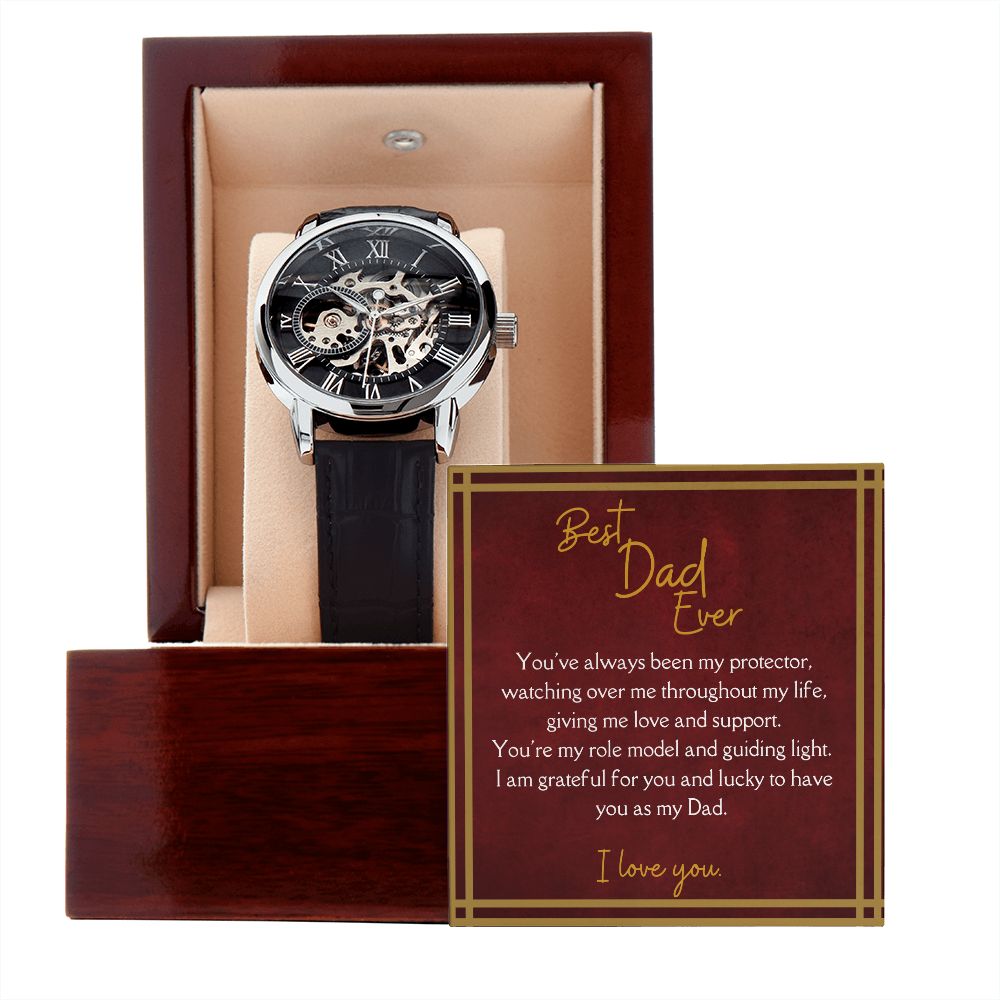 Luxury Men's Openwork Watch, Best Dad Ever Message, red card