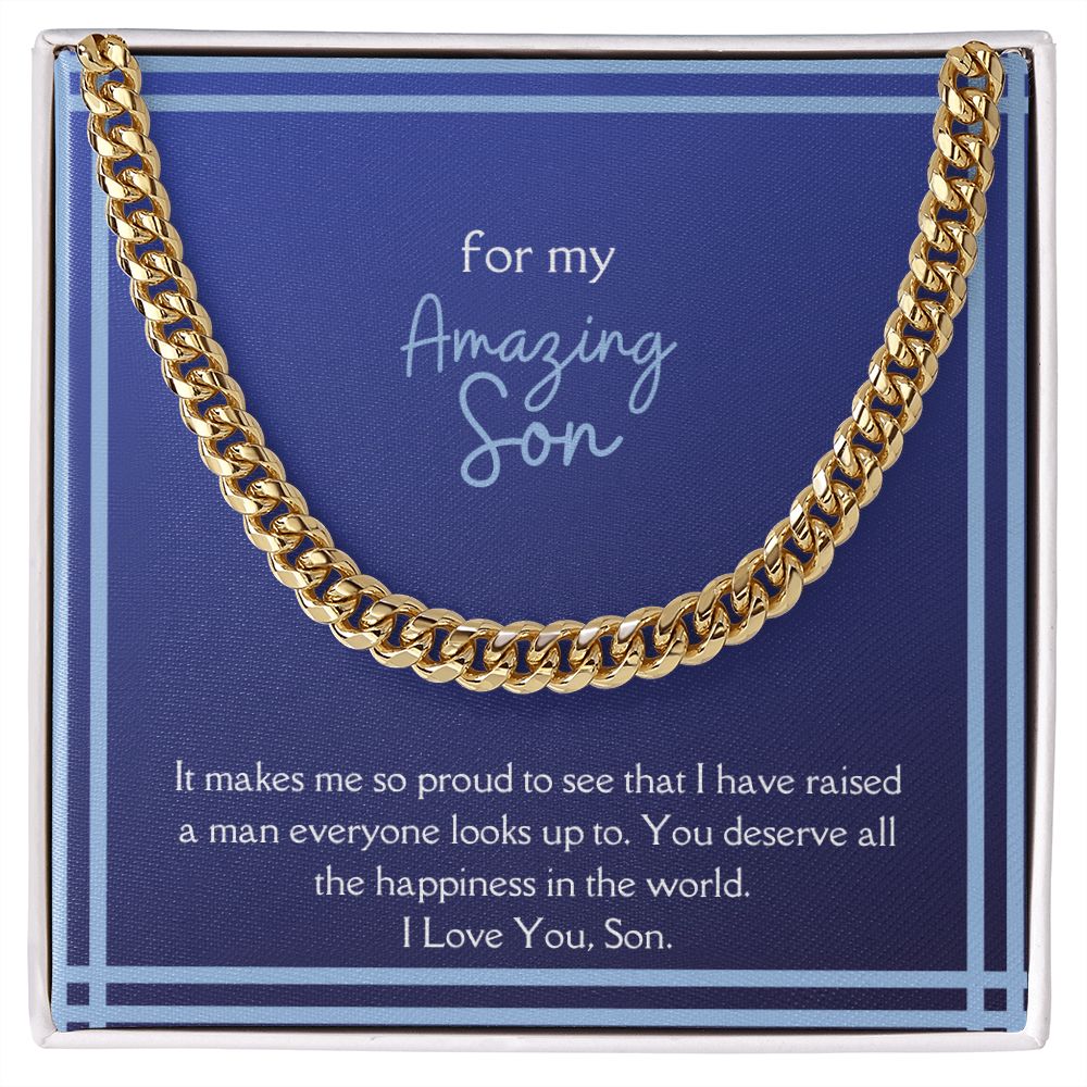 Amazing Son Men's Chain Link Necklace Available in Stainless Steel and 14k Yellow Gold Finish, blue card