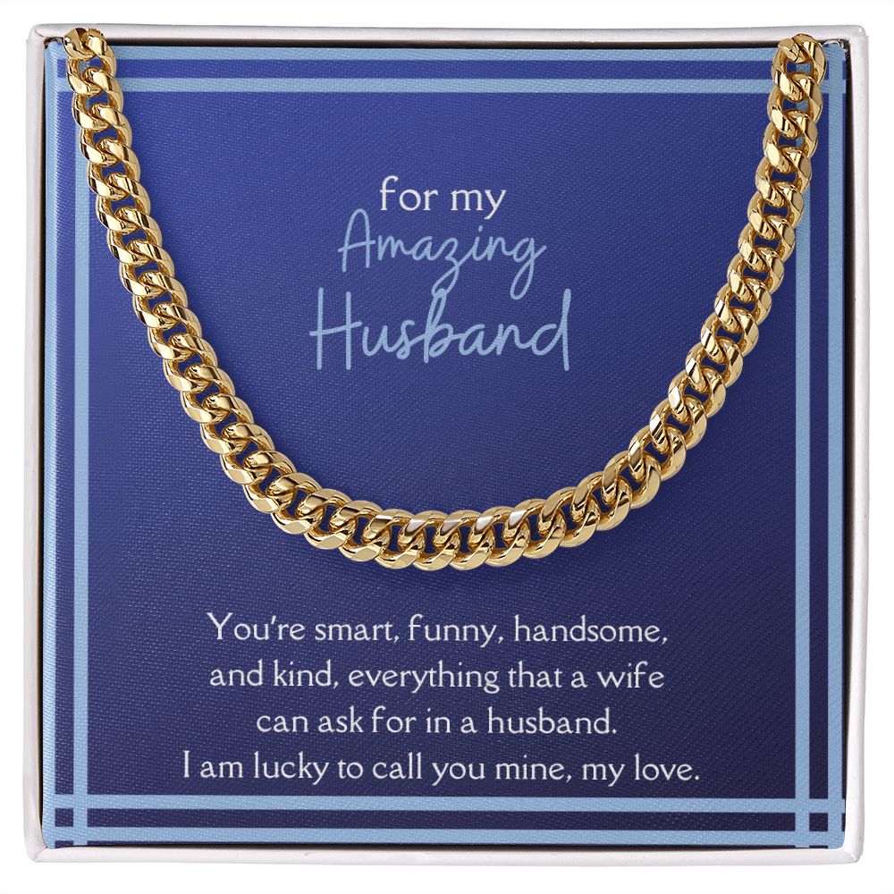Amazing Husband Men's Chain Link Necklace Available in Stainless Steel and 14k Yellow Gold Finish, smart blue card