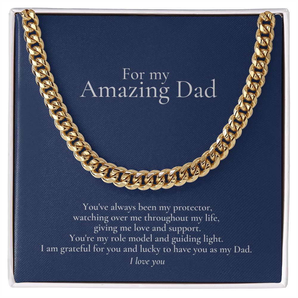 Amazing Dad Link Chain Necklace Available in Stainless Steel or 14kYellow Gold Finish, blue card