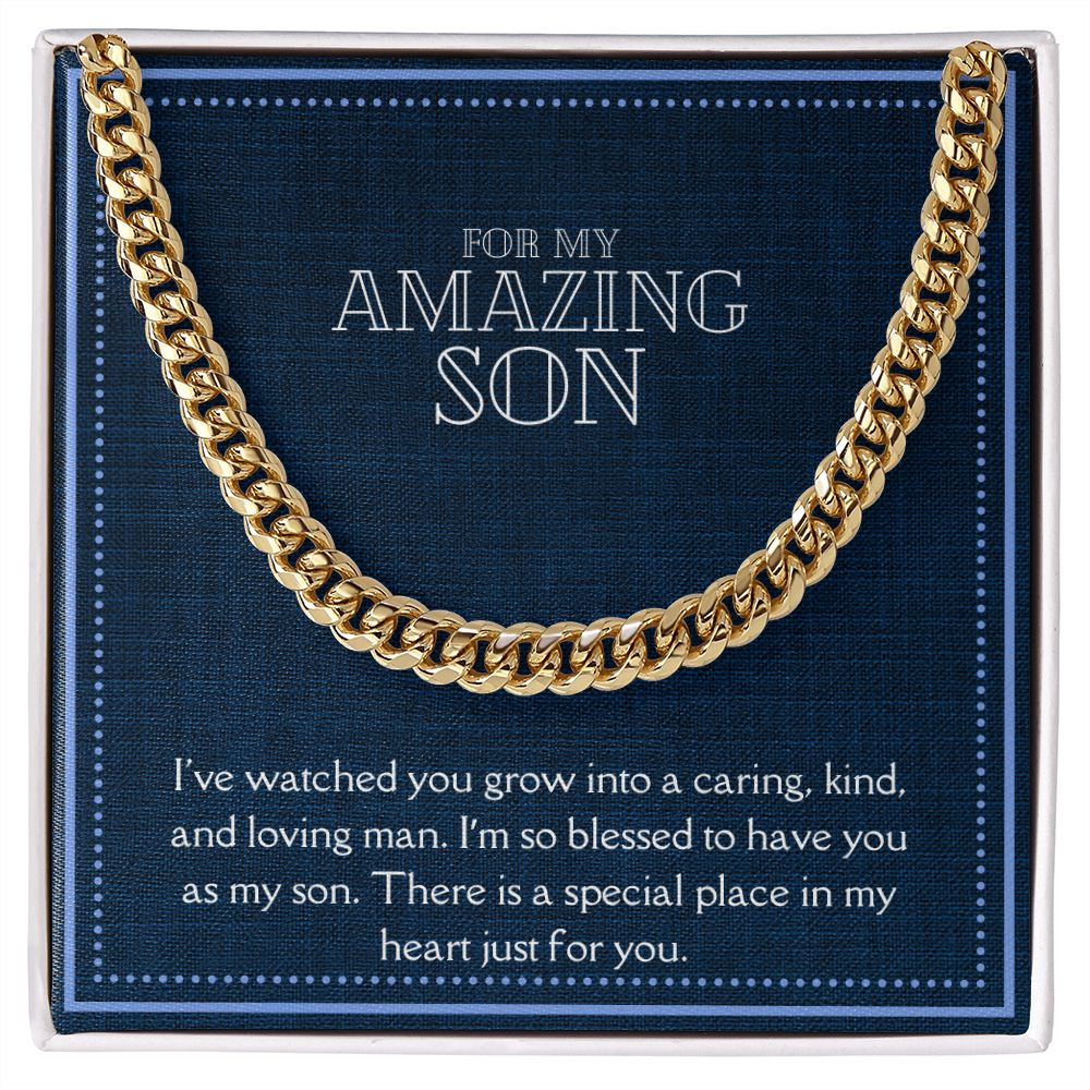 Amazing Son Men's Chain Link Necklace Available in Stainless Steel and 14k Yellow Gold Finish, denim blue card