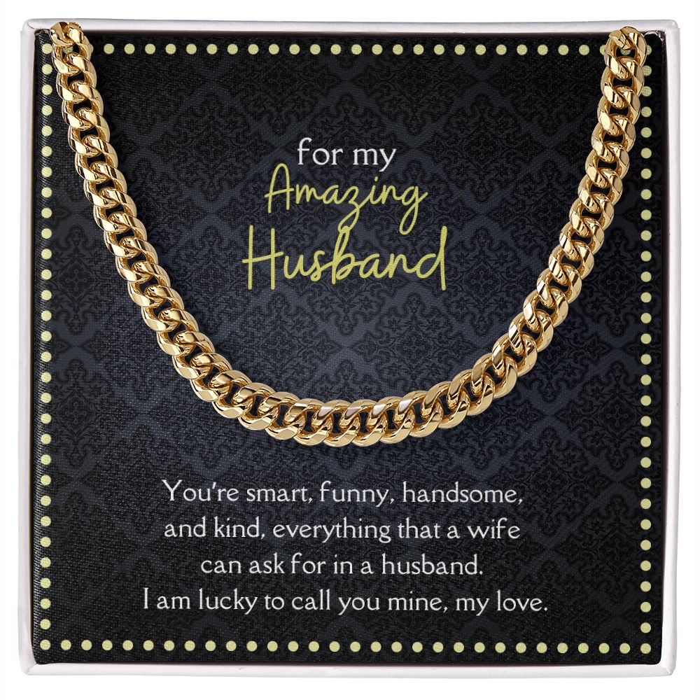 Amazing Husband Men's Chain Link Necklace Available in Stainless Steel and 14k Yellow Gold Finish, black yellow card