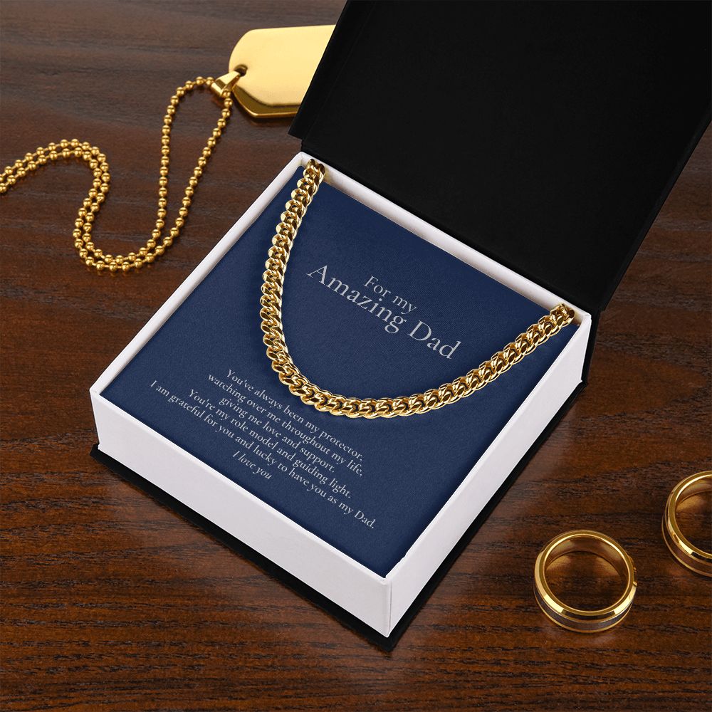 Amazing Dad Link Chain Necklace Available in Stainless Steel or 14kYellow Gold Finish, blue card