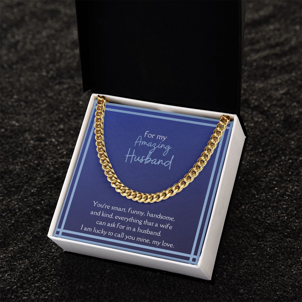 Amazing Husband Men's Chain Link Necklace Available in Stainless Steel and 14k Yellow Gold Finish, smart blue card