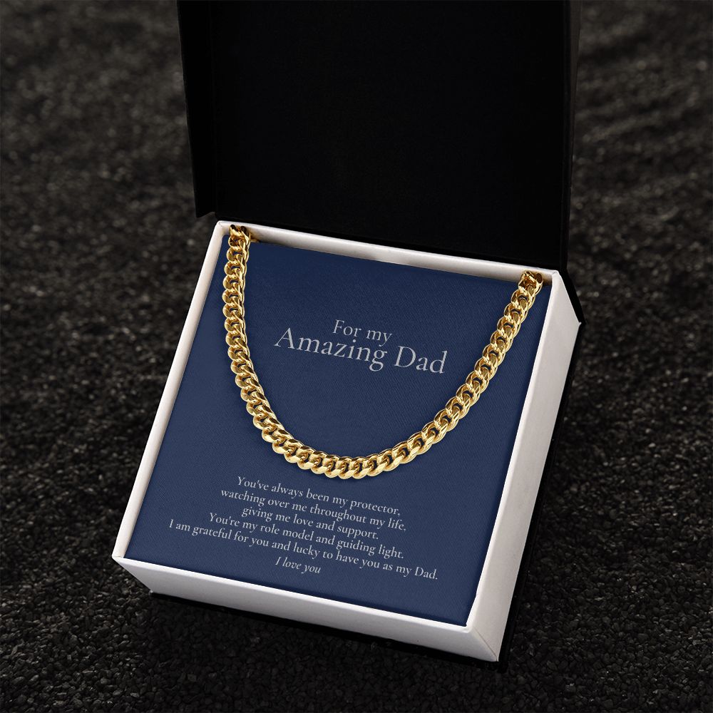 Amazing Dad Link Chain Necklace Available in Stainless Steel or 14kYellow Gold Finish, blue card