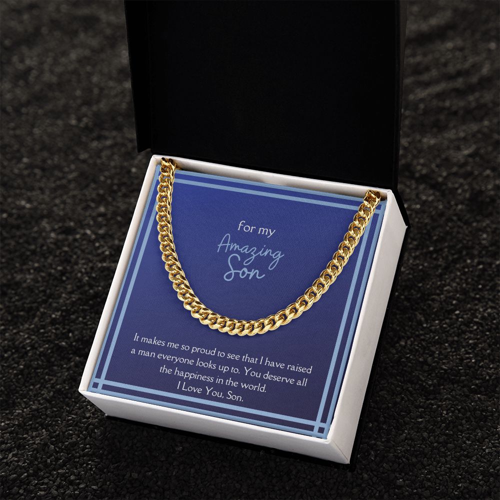 Amazing Son Men's Chain Link Necklace Available in Stainless Steel and 14k Yellow Gold Finish, blue card