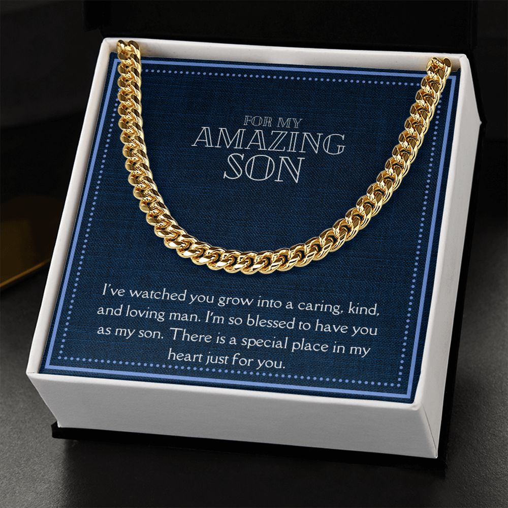 Amazing Son Men's Chain Link Necklace Available in Stainless Steel and 14k Yellow Gold Finish, denim blue card