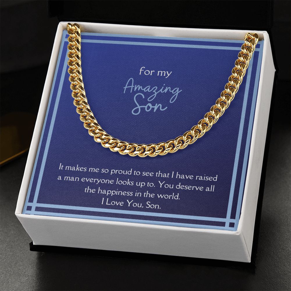 Amazing Son Men's Chain Link Necklace Available in Stainless Steel and 14k Yellow Gold Finish, blue card