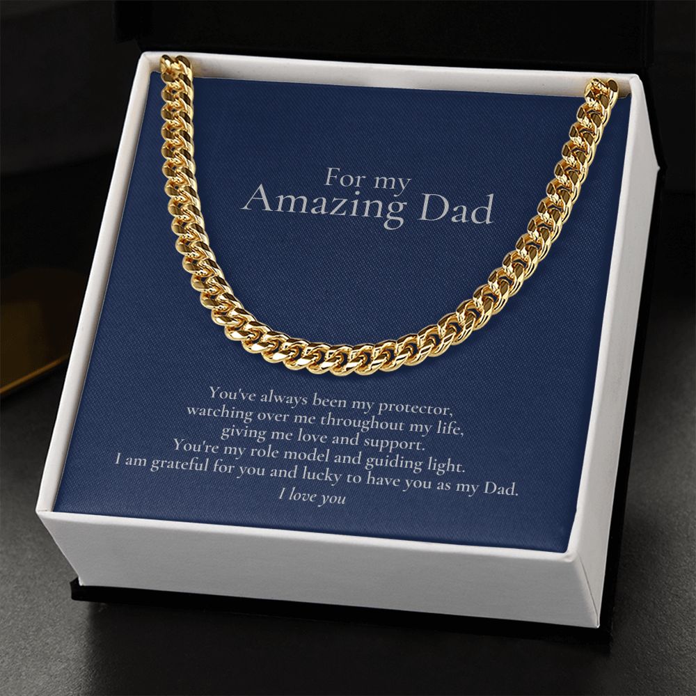 Amazing Dad Link Chain Necklace Available in Stainless Steel or 14kYellow Gold Finish, blue card
