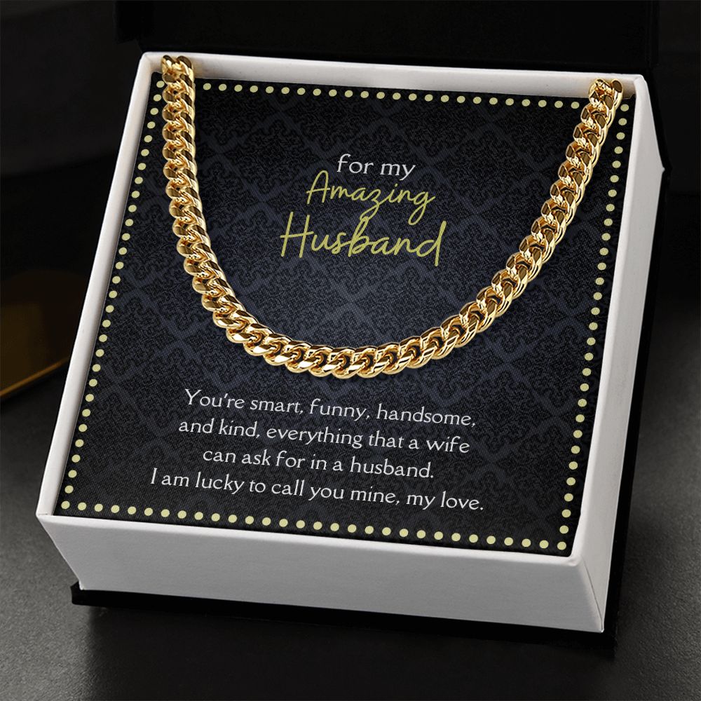 Amazing Husband Men's Chain Link Necklace Available in Stainless Steel and 14k Yellow Gold Finish, black yellow card
