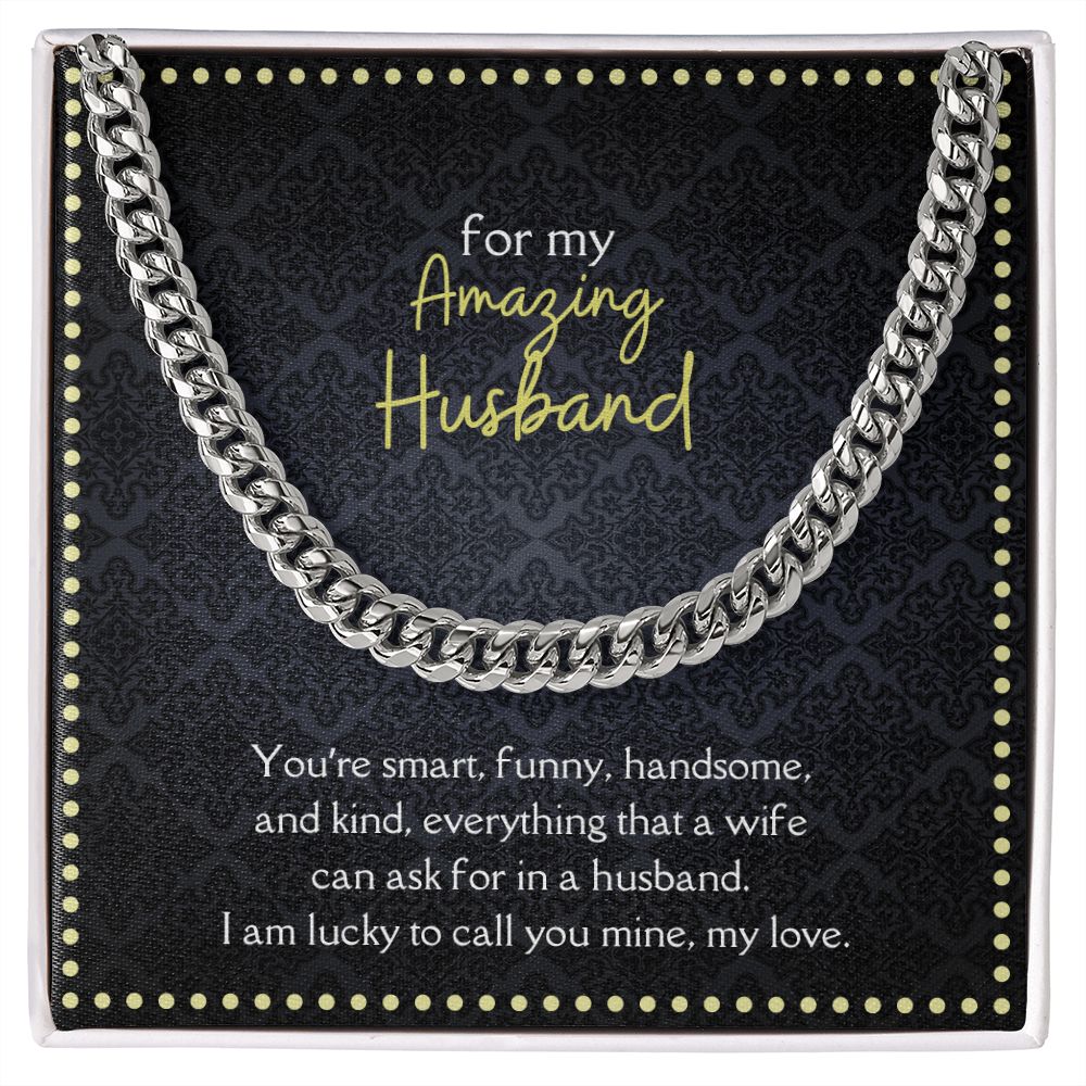 Amazing Husband Men's Chain Link Necklace Available in Stainless Steel and 14k Yellow Gold Finish, black yellow card